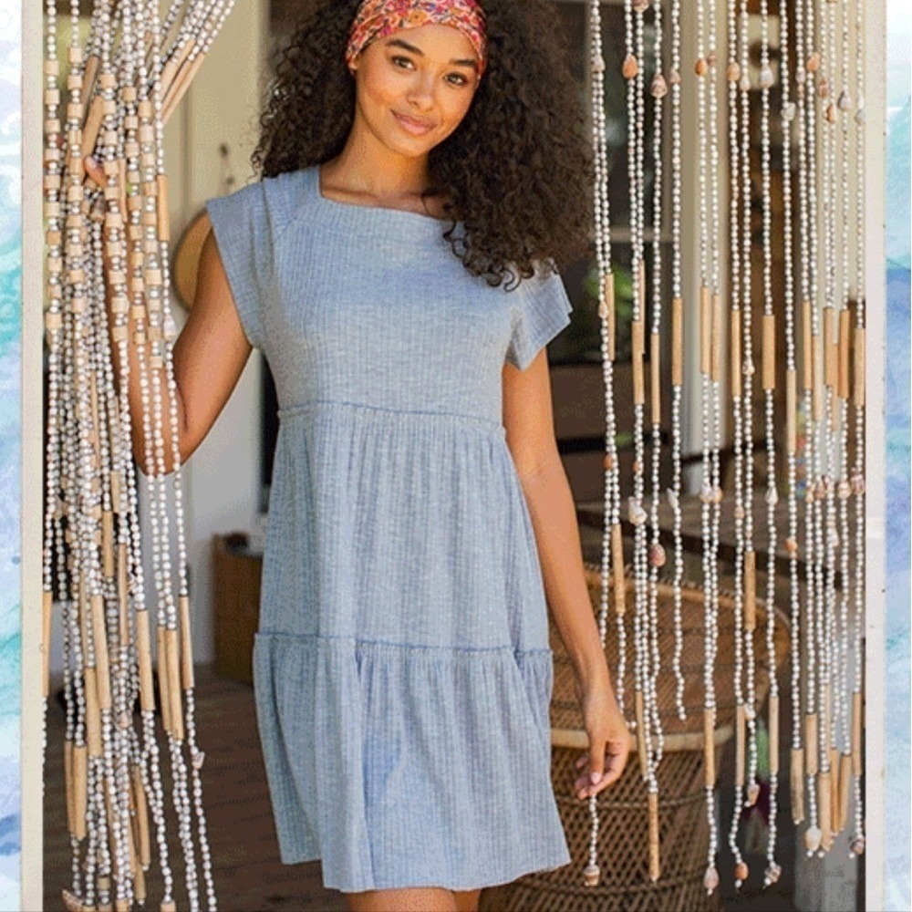 NATURAL LIFE Tiered Knit Square Neck Babydoll Dress SZ Large Coastal Cowgirl